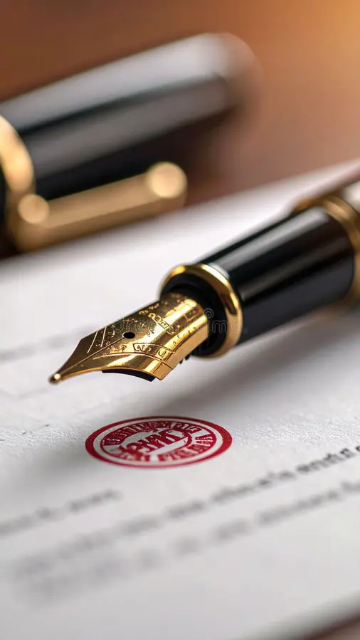 Legal contract with fountain pen and wax seal